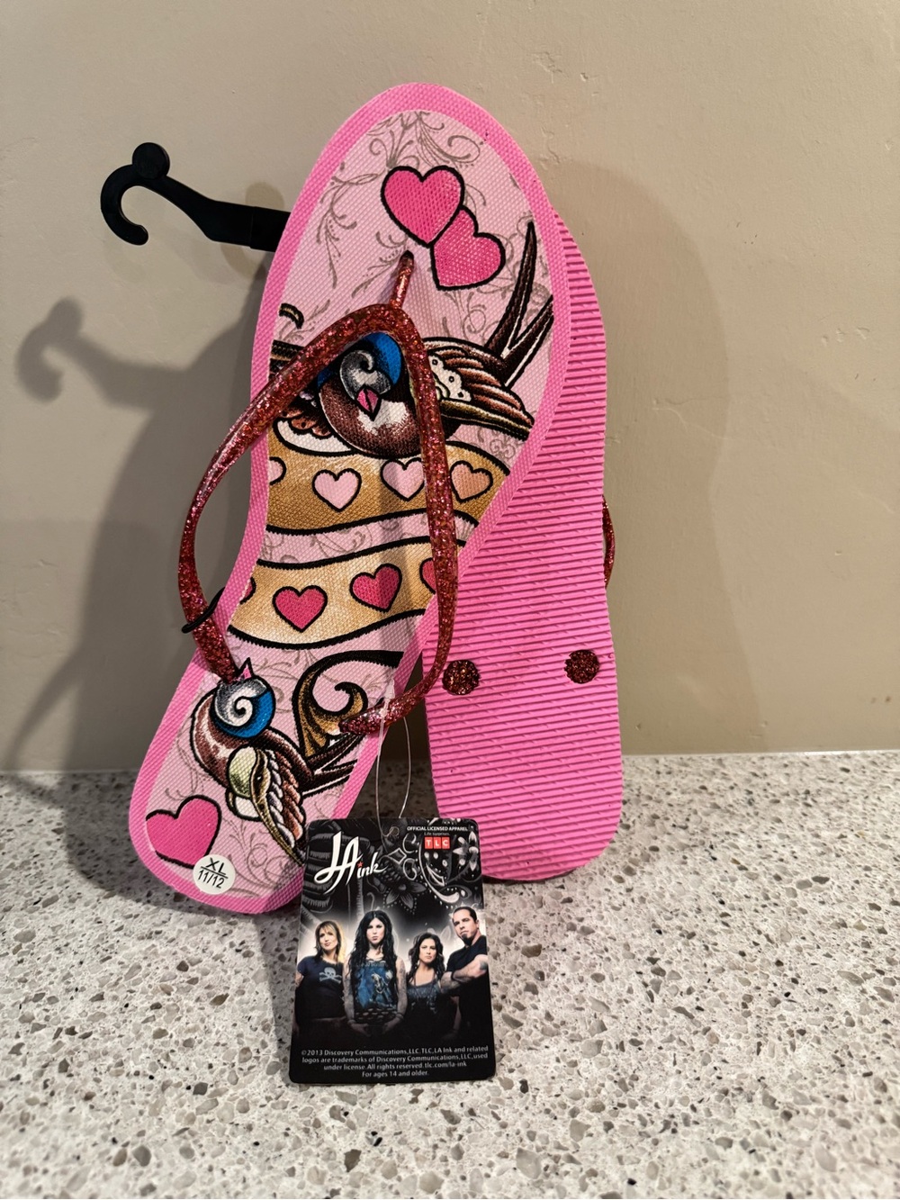 LA ink Pink Glitter-Strap Sandals with Heart & Bird Graphic